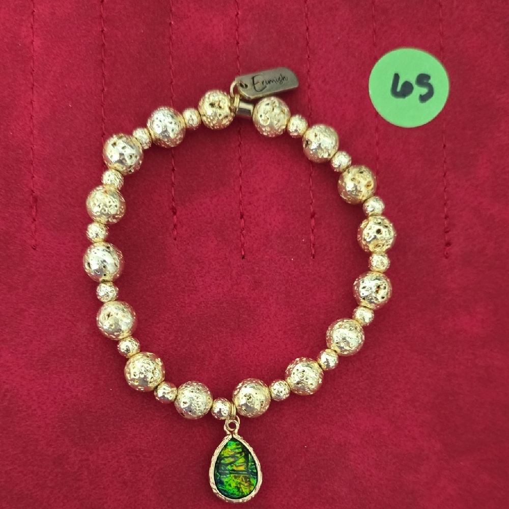 Erimish Gold Bead Bracelet with Green Teardrop Charm (NWOT)